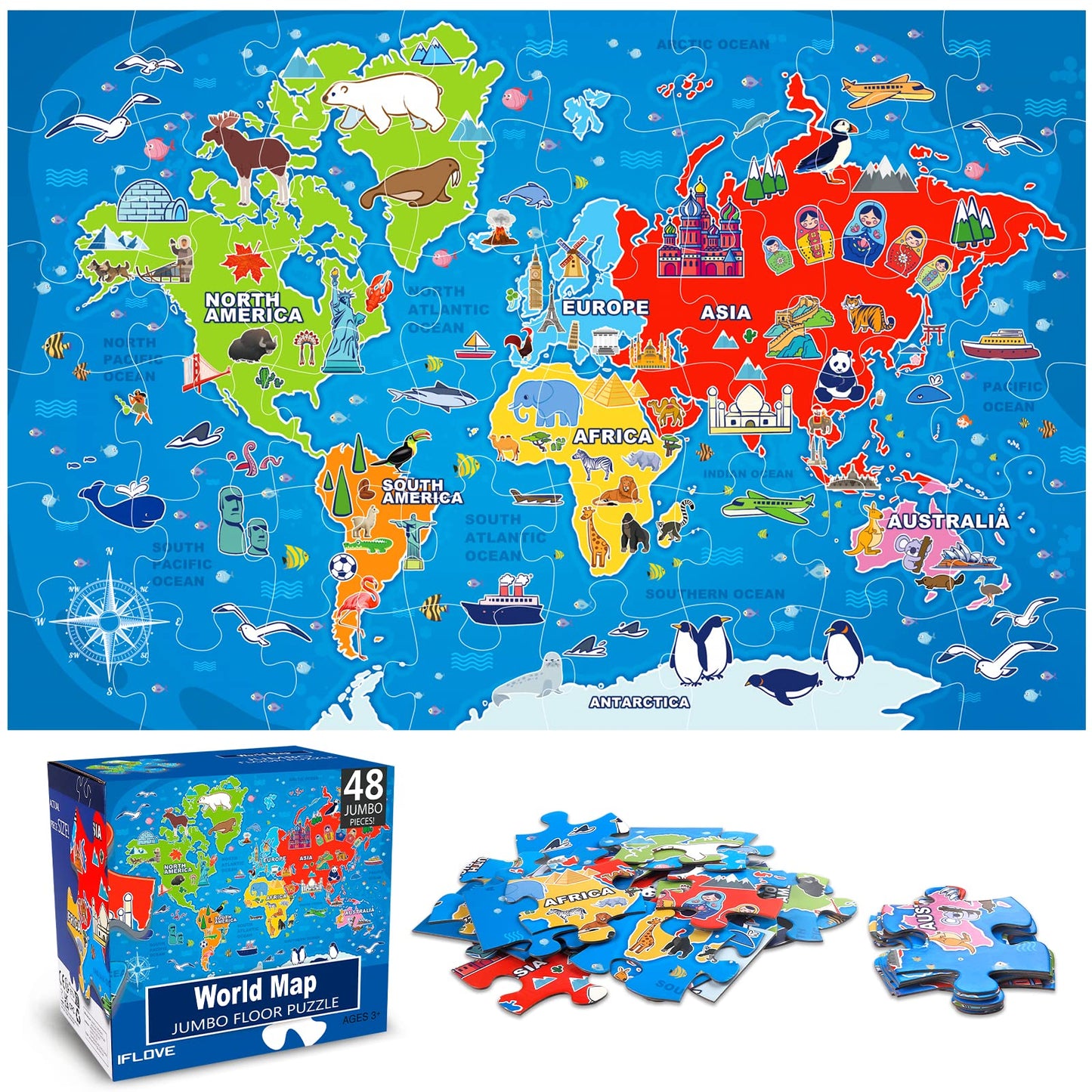 Jumbo Floor Puzzle for Kids,World Map Jigsaw Geography Puzzles,48 Piece Globe Atlas Puzzle with Continents,United States Puzzle for Ages 3-5,Preschool Learning Toys Easter Gift for 4-8 Years Old
