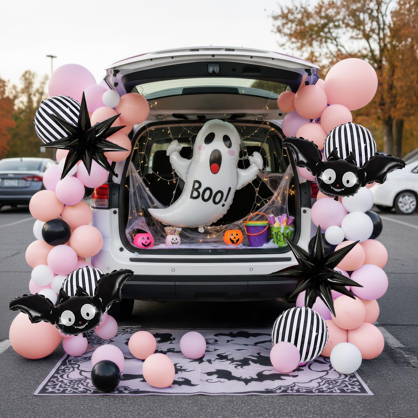 Summerween decorations with Pink black orange balloon garland arch kit bat ghost mylar foil balloons for girl baby shower happy boo day spooky one 1st birthday Halloween Trunk or Treat Car Decorations