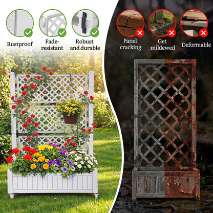 YITAHOME 42.5x14.2x61 in Planter Box with Trellis/Outdoor Privacy Screen, All-Weather Raised Garden Bed with Wheels & Drain Plug for Climbing Plants Flowers Herbs, White