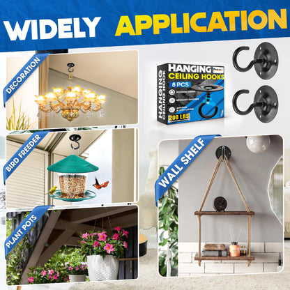 [UPGRADED] 200LBS 8Pcs Round Ceiling Hooks with Firmly Rotatable Button, Black Wall Mount Metal Hangers for Hanging Hanging Plants, Bird Feeder, Lantern, Lights, Wind Chime, Indoor Outdoor Decor