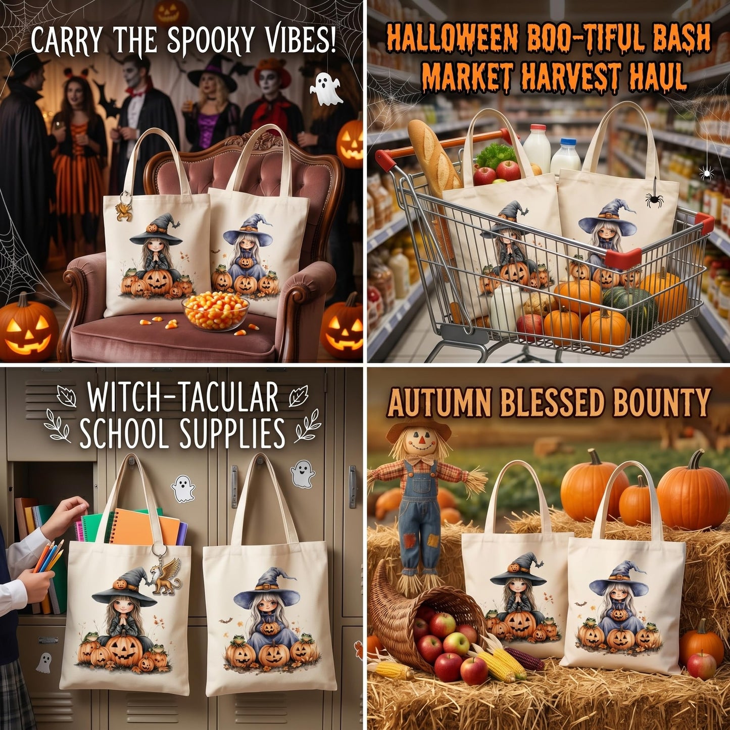 Fall Halloween Tote Bags 2Pcs, Cotton Blend Canvas Tote with Pumpkin Ghost Witch Prints, Reusable Shoulder Bags for Thanksgiving Party Trick or Treat Gift (witch&pumpkin)