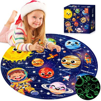ZIZZ Puzzle for Kids Ages 4-6: Glow in The Dark Solar System Jigsaw Puzzles 70 Piece Space Planets Large Floor Puzzle for Kids 3-10 Years Old Educational Toy Gift for Boys Girls Birthday Christmas