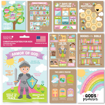 Hadley Designs Sunday School Decorations for Classroom –9 Bible Posters for Kids, Books of the Bible, 10 Commandments, Bible Timeline Chart, Fruits of the Spirit, Kraft Christian Classroom Decor