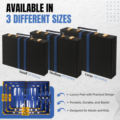 Premium Backgammon 18 Inches Large Blue - Backgammon Sets for Adults and Kids - Leatherette Back Gammon Board Game Set - Travel Backgammon Set Board Encased with Accessories