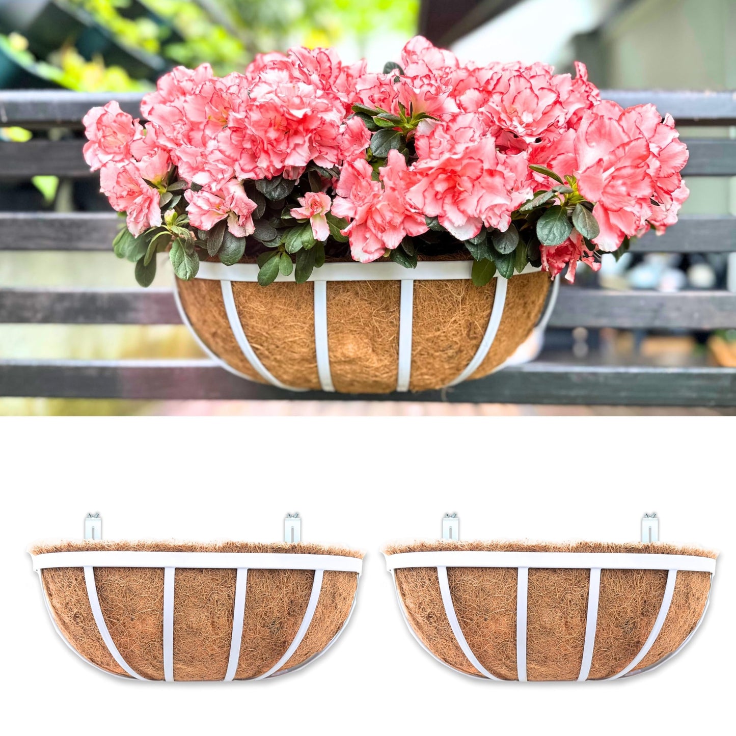 LaLaGreen Deck Railing Planters (2 Pack, 16 Inch) White Metal Rectangular Window Flower Box with Coco Liner, Wall Hanging Planter for Outdoor Plants Deck Rail Fence Balcony Patio Porch Garden Decor