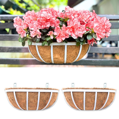LaLaGreen Deck Railing Planters (2 Pack, 16 Inch) White Metal Rectangular Window Flower Box with Coco Liner, Wall Hanging Planter for Outdoor Plants Deck Rail Fence Balcony Patio Porch Garden Decor