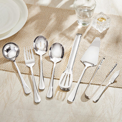 HIKAA 8PCS Serving Utensils Set, 18/10 Modern Serving Utensils Set for Kitchen, Stainless Steel Serving Utensils, Slotted Spoons, Forks, Tongs, Cake Server, Butter Knife for Buffet, Catering, Wedding