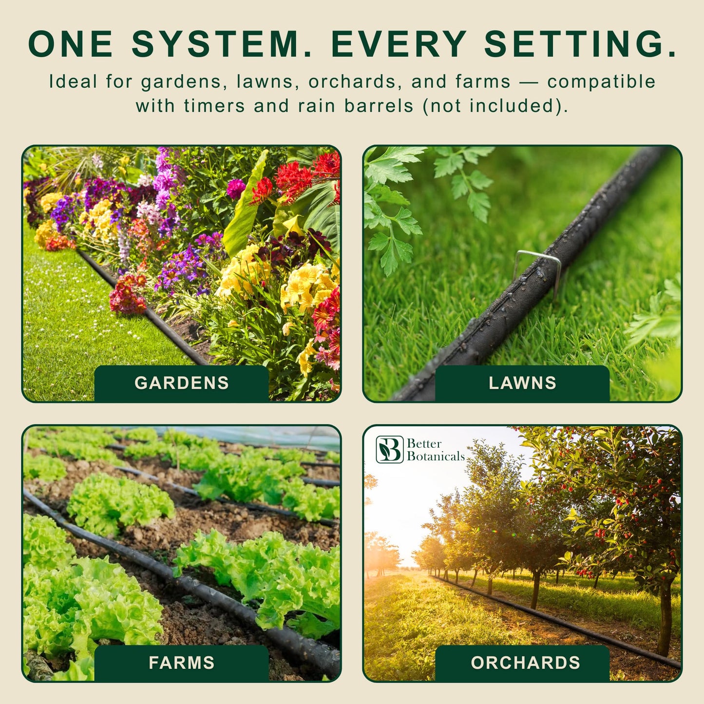 Better Botanicals 100 FT Flat Soaker Hose (2 x 50 FT) – Drip Irrigation for Garden Beds, Raised Beds & Landscaping – Kink-Resistant, Even Watering, Includes 16 Steel Stakes & Storage Straps
