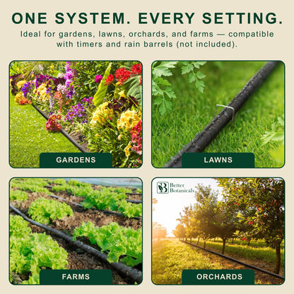 Better Botanicals 100 FT Flat Soaker Hose (2 x 50 FT) – Drip Irrigation for Garden Beds, Raised Beds & Landscaping – Kink-Resistant, Even Watering, Includes 16 Steel Stakes & Storage Straps