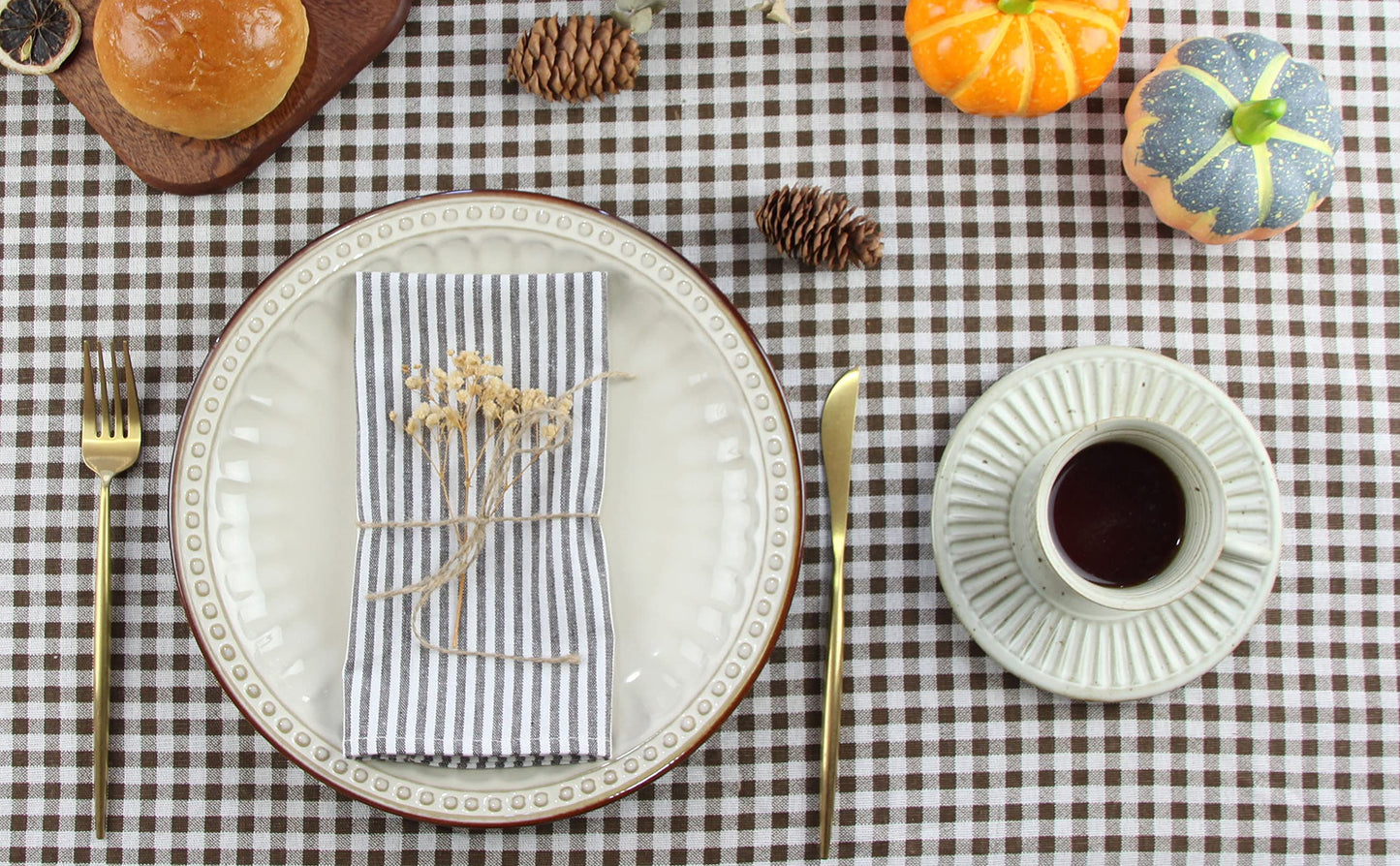INFEI Plain Striped Cotton Linen Blended Dinner Cloth Napkins - Set of 12 (40 x 30 cm) - for Events & Home Use (Brown)