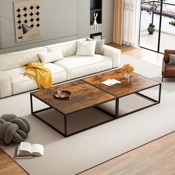 31.5" Square Coffee Table, Mid-Century Modern Brown Center Table for Living Room, Floor Table for Sitting on The Floor, Wood Cocktail Tea Contemporary Tables with Metal Frame for Office Apartment Home