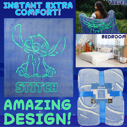 Disney Stitch Glow in the Dark Throw Blanket 51x59”, Soft Fleece Throw Blanket for Sofa Bed, Cozy Warm, Gifts for Kids, Teens, Adults (Blue Stitch)
