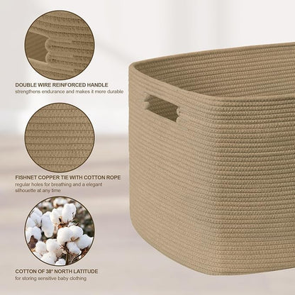 45L Small Wicker Laundry Basket for Living Room Storage,Cute Boho Woven Cotton Rope Baskets for Kids Toy,Gifts,Square Blanket Hamper for Bedroom Dirty Clothes,Jute