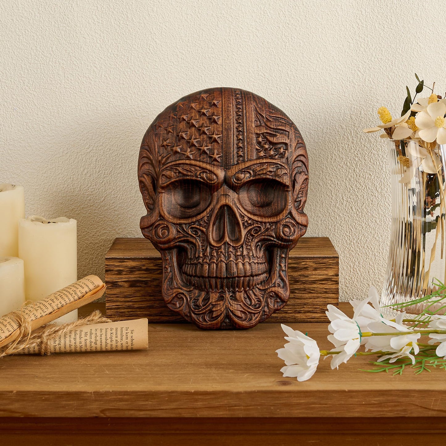 bgcarpenter Wooden Skull Statue with USA Flag, Handmade Skull Wall Decor, Human Head Model Halloween (8 Inch)