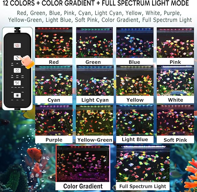 24/7 LED Aquarium Light for 24-30 Inch Plant & Fish Tank, 12-Color & Gradient & Full Spectrum with Auto On/Off, Brightness, Sunrise-Daylight-Moonlight, Extendable Brackets for Freshwater IP68