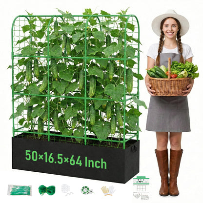 U-Shape Cucumber Trellis with Grow Bag, 64" Tall Metal Garden Trellis for Climbing Plants Outdoor, Reusable Cucumber Trellis for Raised Bed with Garden Netting for Tomatoes, Peas, Plant Vines Support