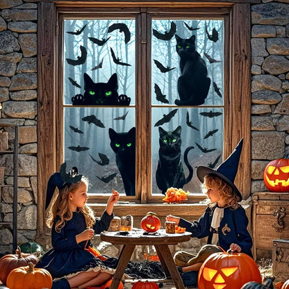 Halloween Decorations Window Clings,4 Sheet Large Black Cats Halloween Window Stickers,Bats Silhouette Window Decals for Indoor School Home Office Party Decor