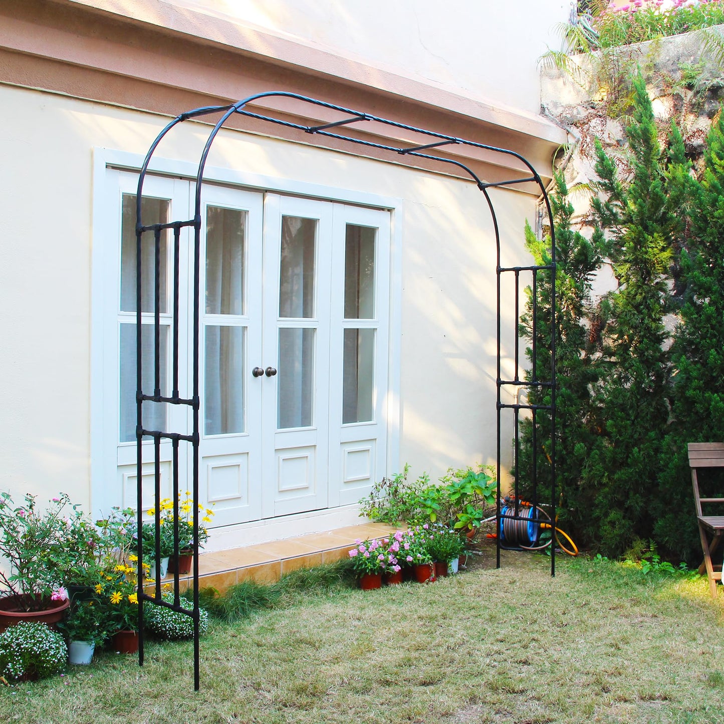 SCENDOR Arch for Climbing Vines Garden Arbor 94.5" H x 98.4" W Lightweight Metal+PE Coated Archway Trellis Flower Frame Plants Vine Frame Rose Support Outdoor Easy to Assemble, Black