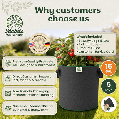 Mabel's Gardening 5-Pack 15 Gallon Grow Bags - Garden Planting Bags 17.7 x 14.2 INCH Made of 8.85 oz/yd² (300g/m²) Felt & Fleece Fabric Plant Pot, Plant Bag, Grow Bag for Pumpkin Potato Tomato