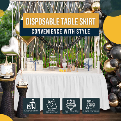 Exquisite White Table Skirt 6 Pack - Disposable Plastic Table Skirts for Rectangle Tables 6ft 8ft & Round Tables - 29in x 14ft Self-Adhesive Strip - Birthday Wedding Gender Reveal Decor