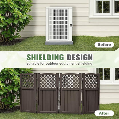 Greesum Air Conditioner Privacy Fence Screen, 4 Panels Trash Can Enclosure, 49.45" H x 22.62" W, Weather Resistant for Outdoor Pool Equipment, Garbage Bins, Brown