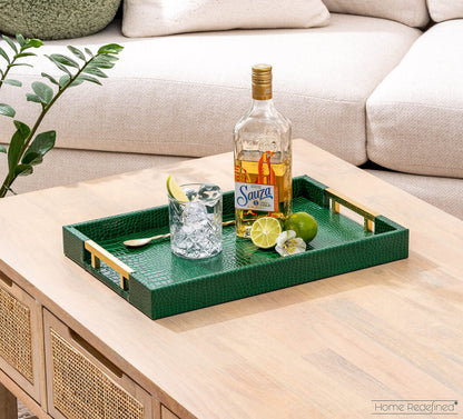 Luxury Modern Elegant 17.5"x12" Rectangle Crocodile Green Faux Leather Decorative Tray Ottoman Coffee Table Living Room Decor Kitchen Serving Tray with Gold Polished Metal Handles by Home Redefined