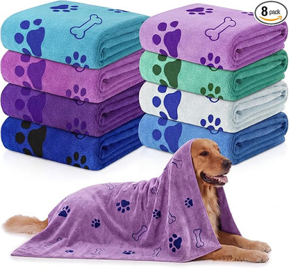 Chumia 8 Pcs Dog Towels for Drying Dogs Cats Pet Towels Bulk Puppy Microfiber Fast Drying Paw Bath Bathing Supplies Absorbent for Medium Pets(55 x 28 Inch,Dog Paw and Bone,Classic Color)
