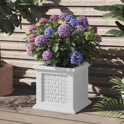 Rattan Style Outdoor Planter Box - 14.65-Inch-Square Decorative Flower or Plant Pot - Garden, Patio and Front Porch Decor by Pure Garden (White)