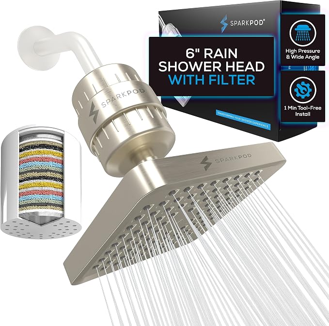 SparkPod 23-Stage Filtered Shower Head, 6" Square, Brushed Nickel | Filtered Shower Head for Hard Water Filter, High Pressure, Reduces Chlorine, Heavy Metals, For Dry Skin & Hair