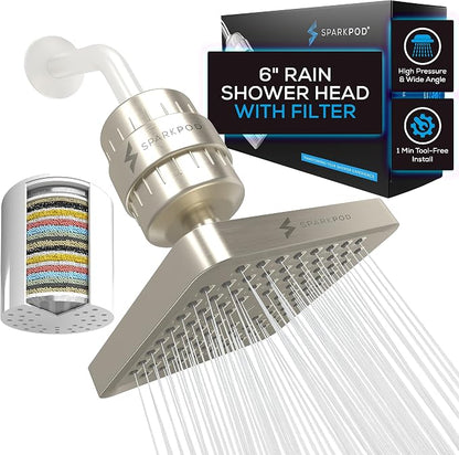 SparkPod 23-Stage Filtered Shower Head, 6" Square, Brushed Nickel | Filtered Shower Head for Hard Water Filter, High Pressure, Reduces Chlorine, Heavy Metals, For Dry Skin & Hair