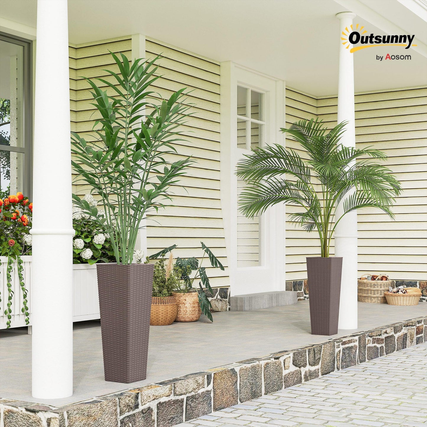 Outsunny 23.6 Inch Tall Planters for Outdoor Plants, Set of 2 Plastic Rattan-Like Flower Pots with Drainage Holes, Stackable Tapered Planters for Indoor Plants, Front Porch, Brown