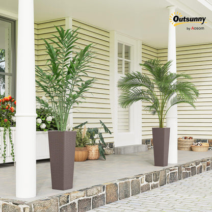 Outsunny 23.6 Inch Tall Planters for Outdoor Plants, Set of 2 Plastic Rattan-Like Flower Pots with Drainage Holes, Stackable Tapered Planters for Indoor Plants, Front Porch, Brown