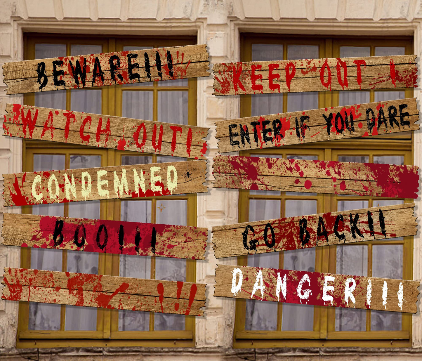 10pcs 39"x4.7" Halloween Haunted Window Boards, Beware Signs Window Warning Signs,Waterproof Outdoor Scary Sign for Halloween Party Decoration (10pcs window boards)