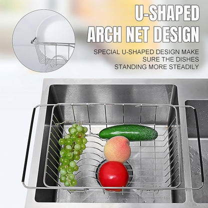 Expandable Dish Drying Rack, Rustproof Stainless Over Sink Dish Drainer Rack Basket Shelf, 304 Stainless Steel Metal Dish Drainer in Sink or On Counter Organizer Dish Dryer Rack for Inside Sink