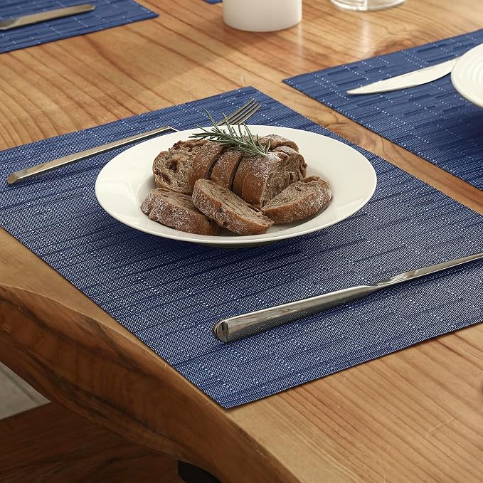 Leetaltree Blue Placemats Set of 12 - Heat Resistant Non-Slip Place mats for Dining Table, Washable Durable PVC Vinyl Woven Table Mats（Blue, 12）