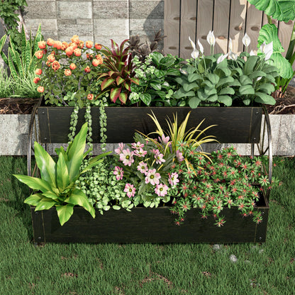 Athuiline Metal Wagon Planter Box, 2-Tier Outdoor Planter Raised Garden Beds with Wheels, Decorative Planter Boxes for Flowers Herbs Vegetables, Small Flower Cart for Patio, Balcony (Retro Gold)