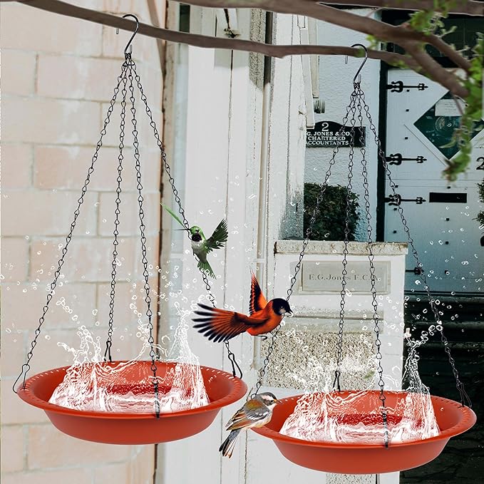 OVZILKI Bird Baths for Outdoors Heavy Duty, 16 inch BirdBath Bowl Only with Rust-Proof Black Chains, Hanging Bird Bath Hanging Bird-Feeder for Garden Backyard Decor (Terracotta 1 Pack)