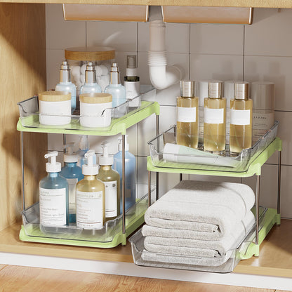 Delamu 2-Tier Multi-Purpose Bathroom Under Sink Organizers and Storage, Stackable Kitchen Pantry Organization, Pull Out Medicine Cabinet Organizer with Movable Dividers, White, 2 Pack