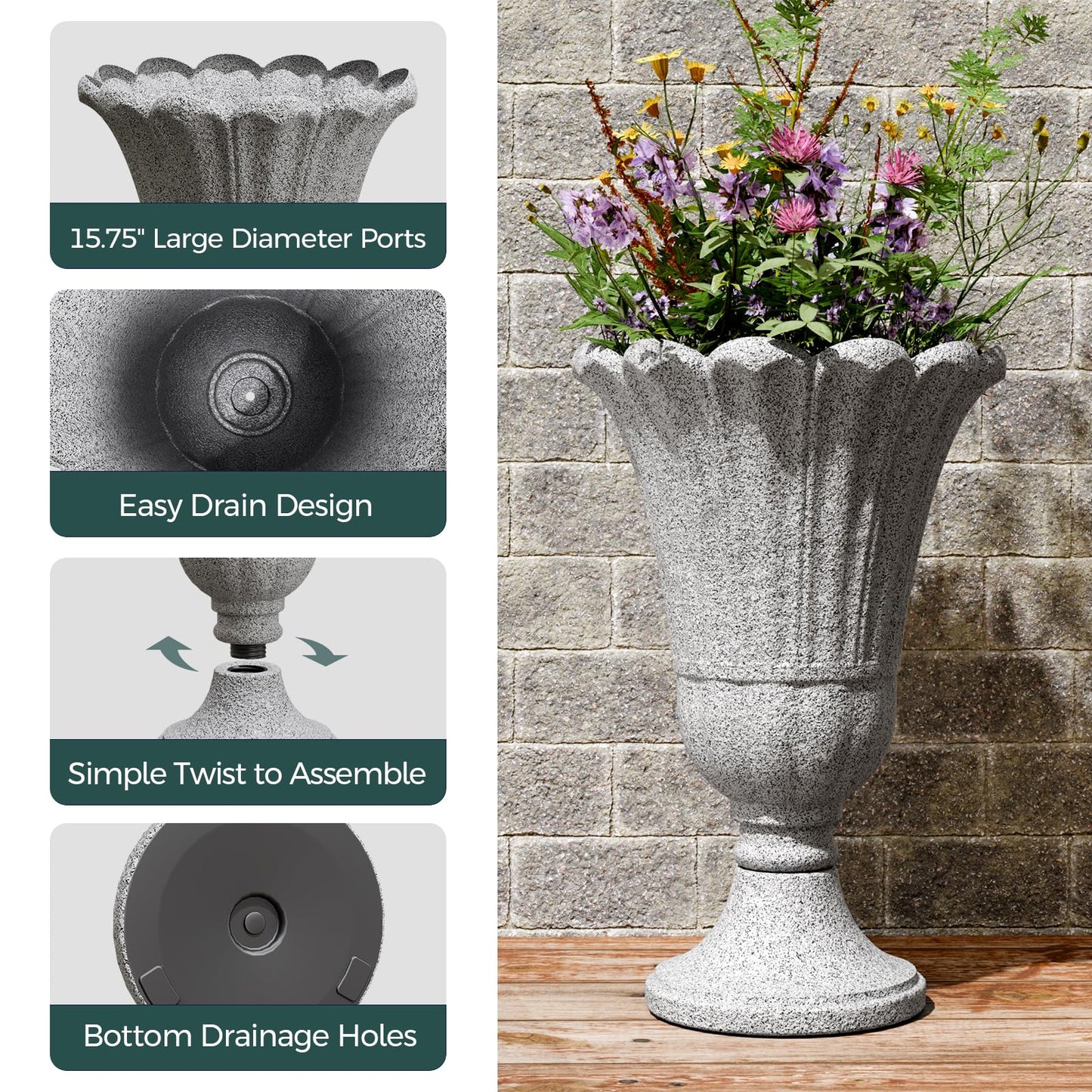 Trygoal 23.6" Tall Plastic Urn Planters for Outdoor Plants, Set of 2 Heavy-Duty Classic Indoor Large Flower Pots with Drainage Holes & Petal Design, Outdoor Planters for Porch, Home Garden, Grey