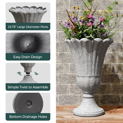 Trygoal 23.6" Tall Plastic Urn Planters for Outdoor Plants, Set of 2 Heavy-Duty Classic Indoor Large Flower Pots with Drainage Holes & Petal Design, Outdoor Planters for Porch, Home Garden, Grey