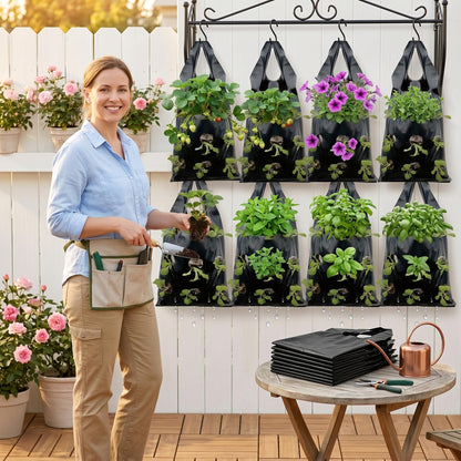 Ginwrek Strawberry Planter 20PCS Hanging Strawberry Planter, 9x21inch Grow Bags Space-Saving Ventilate Hanging Grow Bags for Balcony & Garden, Black