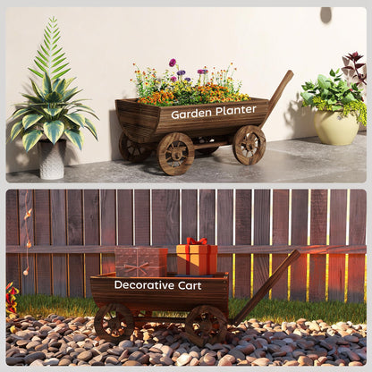Outsunny Wooden Wagon Planter Box, Mobile Garden Planter with 4 Wheels and Handle, Small Wheelbarrow Wagon Flower Cart with Drainage Hole for Outdoor Patio, Garden, Balcony