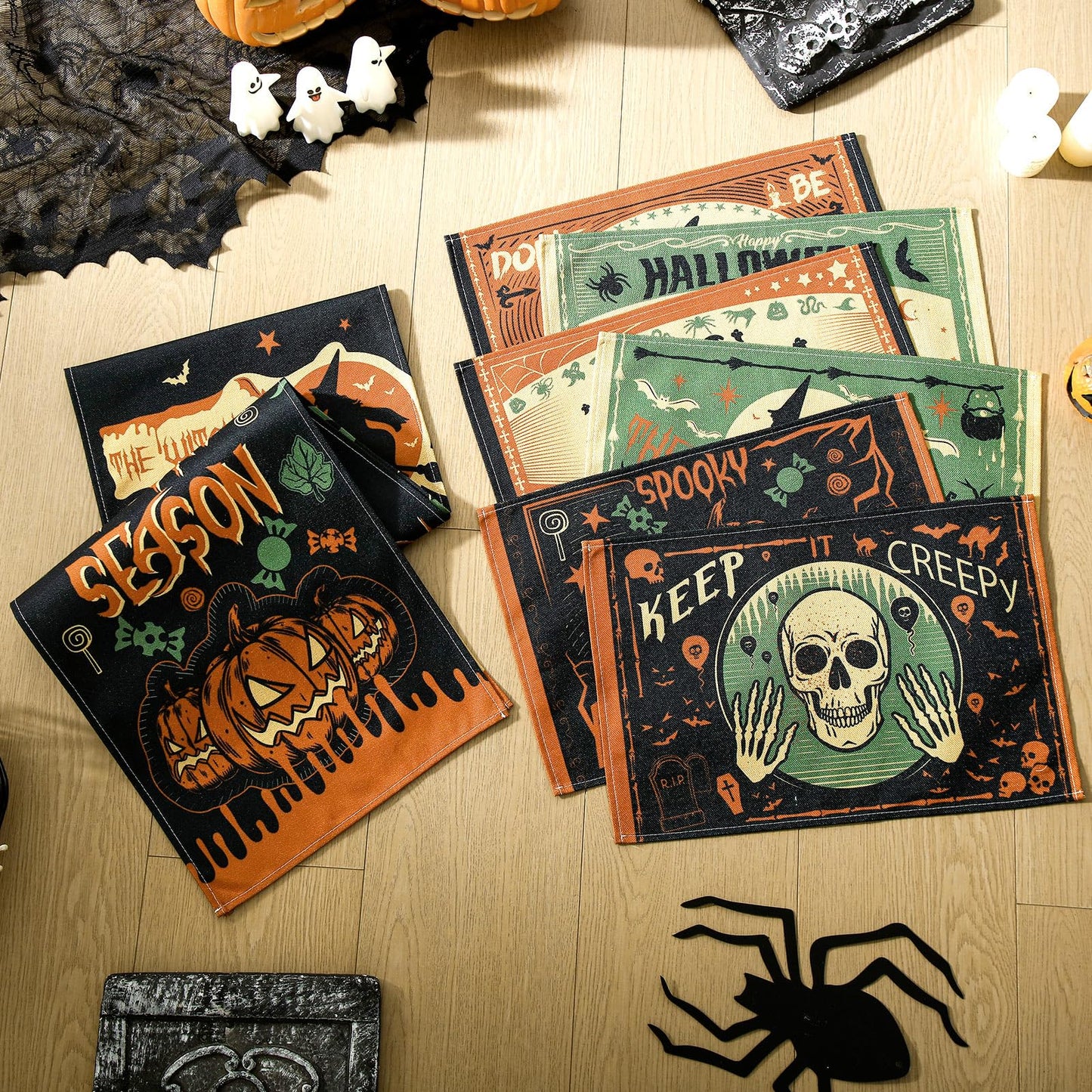 Breling 7 Pcs Halloween Placemats with Runner 12"x18" Terror Forest Gothic Bat Placemats Washable Rectangle Skull Table Mats for Halloween Kitchen Dining Table Home Accessories (Scary)