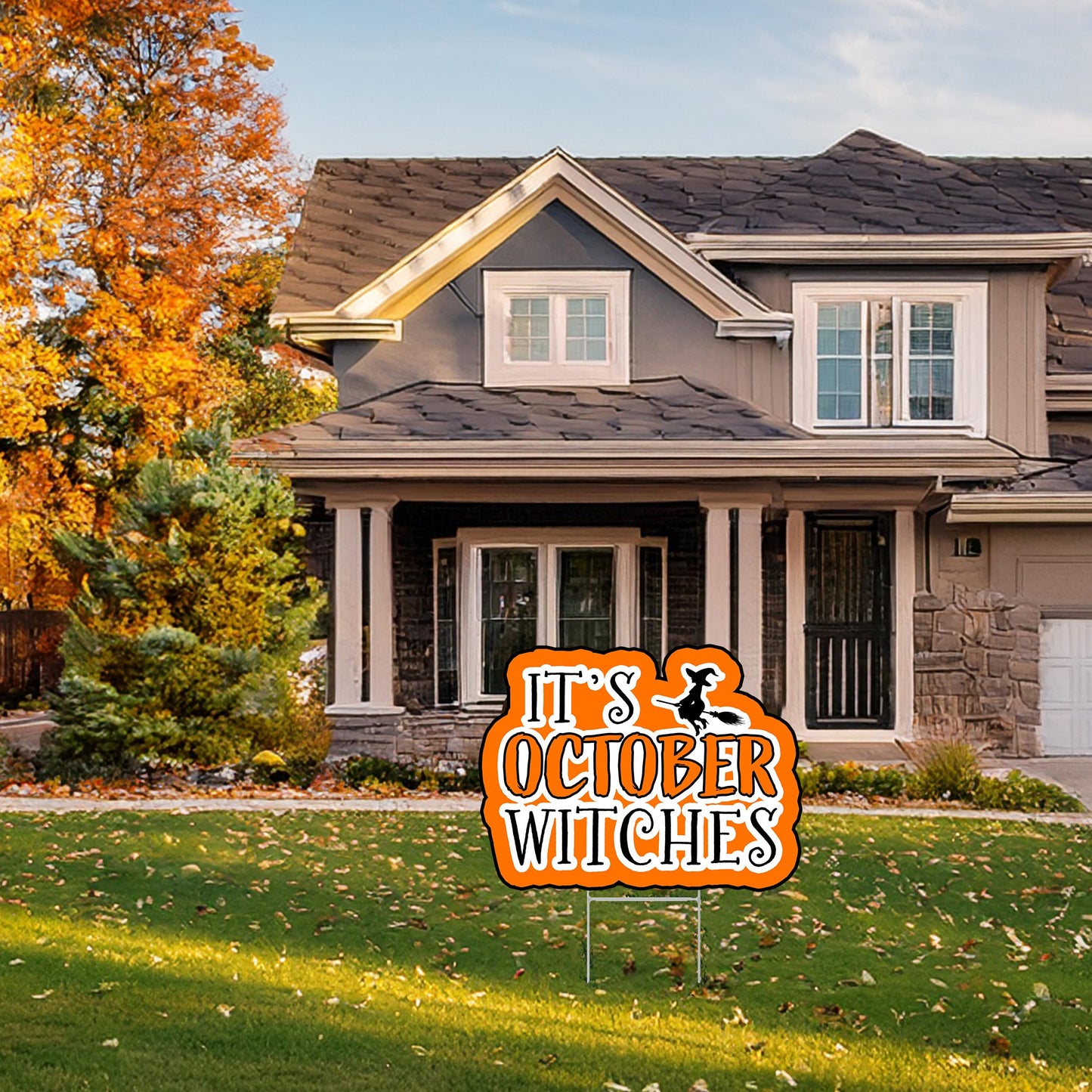 Large Orange It's October Witches Halloween Yard Sign Home Outdoor Lawn Decoration With Stakes Scary Spooky Decor 17x13 Inches