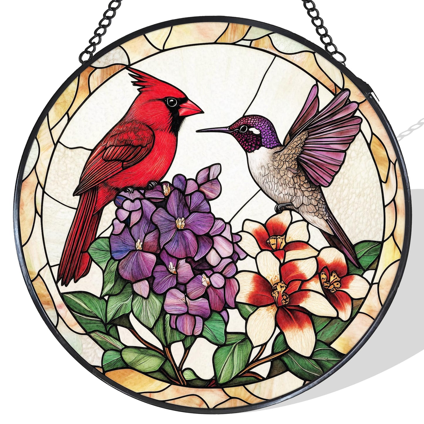 WUHSDIBC Cardinal Hummingbird Stained Glass Window Hanging Suncatcher, Flower Bird Sun Catcher Indoor Window Decor, Birds Lover Gifts Painted Glass Round Wall Hanging Decorations, 7.8x7.8 in