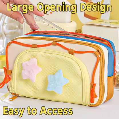 UIVXXUD Portable Multi-Layer Kawaii Star Pencil Case Organizer - Large Capacity Pencil Case with Compartments - Cute Pencil Pouch Functional Bag (Pink)