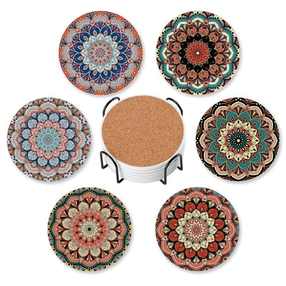 Drink Coasters for Drinks Set of 6,Mandala Absorbent Round Ceramic Stone Mat Coaster,with Cork Base and Metal Holder, Home Bar Decor House Warming Gift