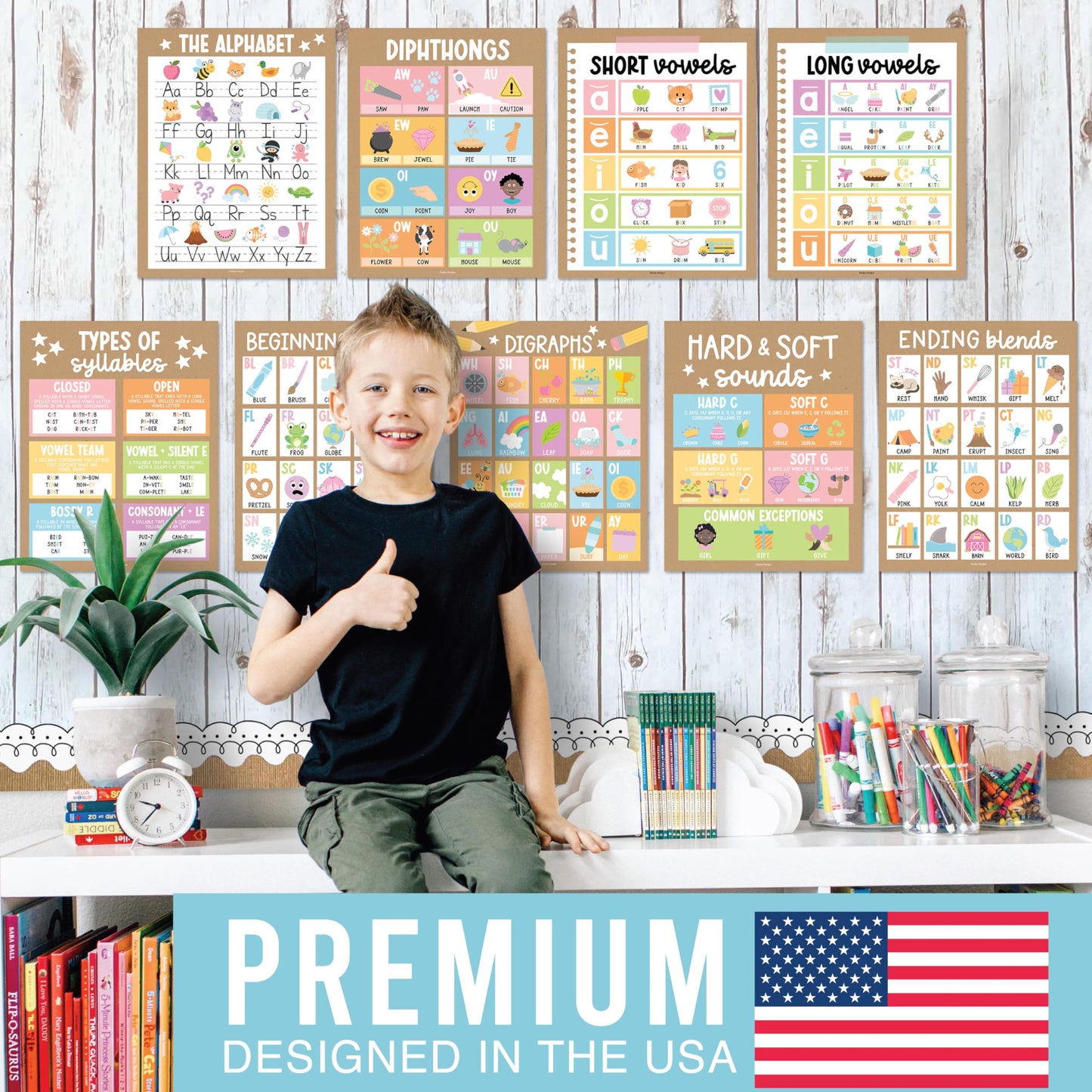 Hadley Designs Phonics Posters for Classroom Must Haves - 9 Sound Wall for Kindergarten & Elementary Teacher Supplies, Syllable, Vowels, Digraphs & Blends Bulletin Board Set, Kraft Classrom Decor
