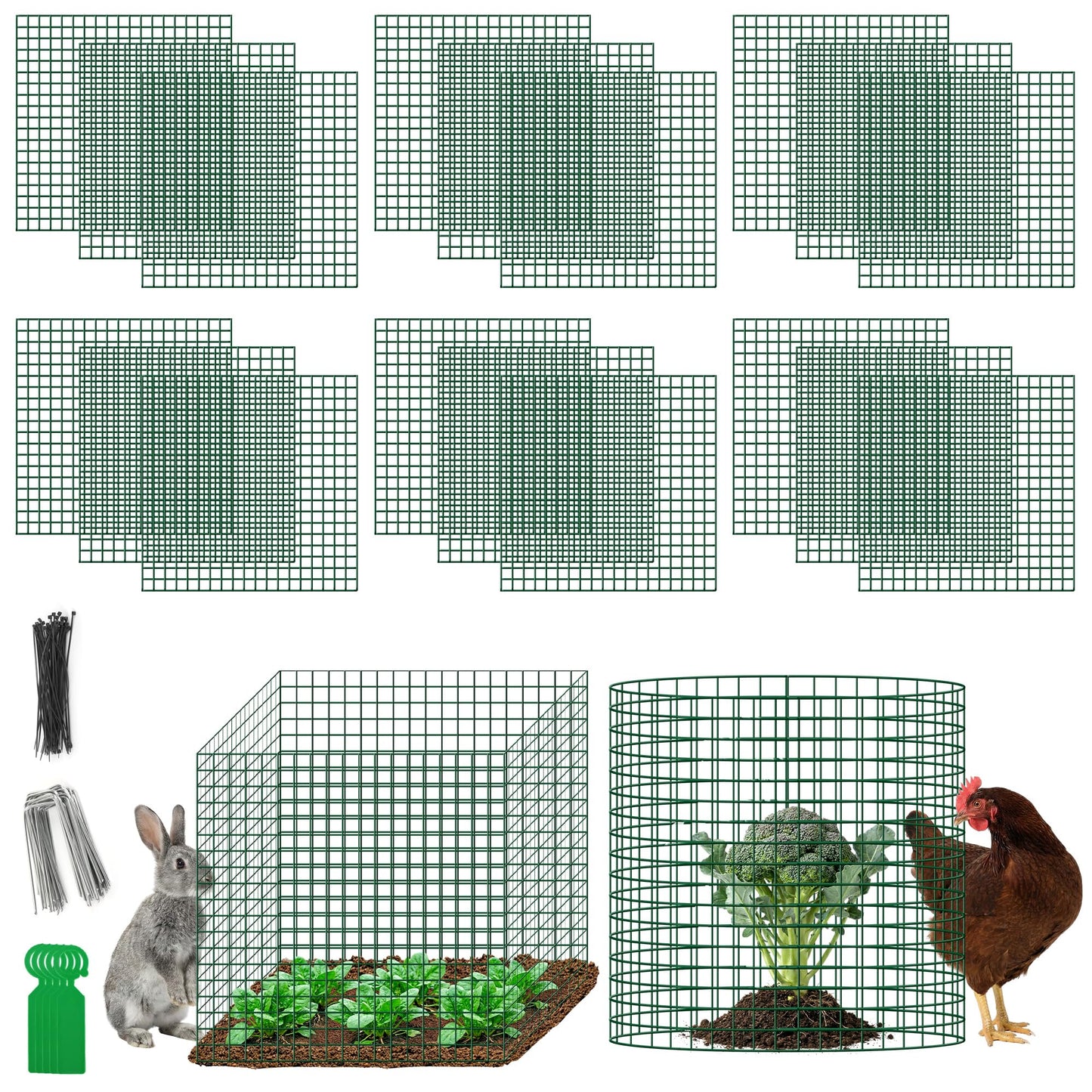 Plant Protectors from Animals - DIY Reusable Plant Cages for Outdoor Plants, Square Mesh Plant Covers Kits, 12"x12" Panels (6/18/30 Pcs) (30, Dark Green)