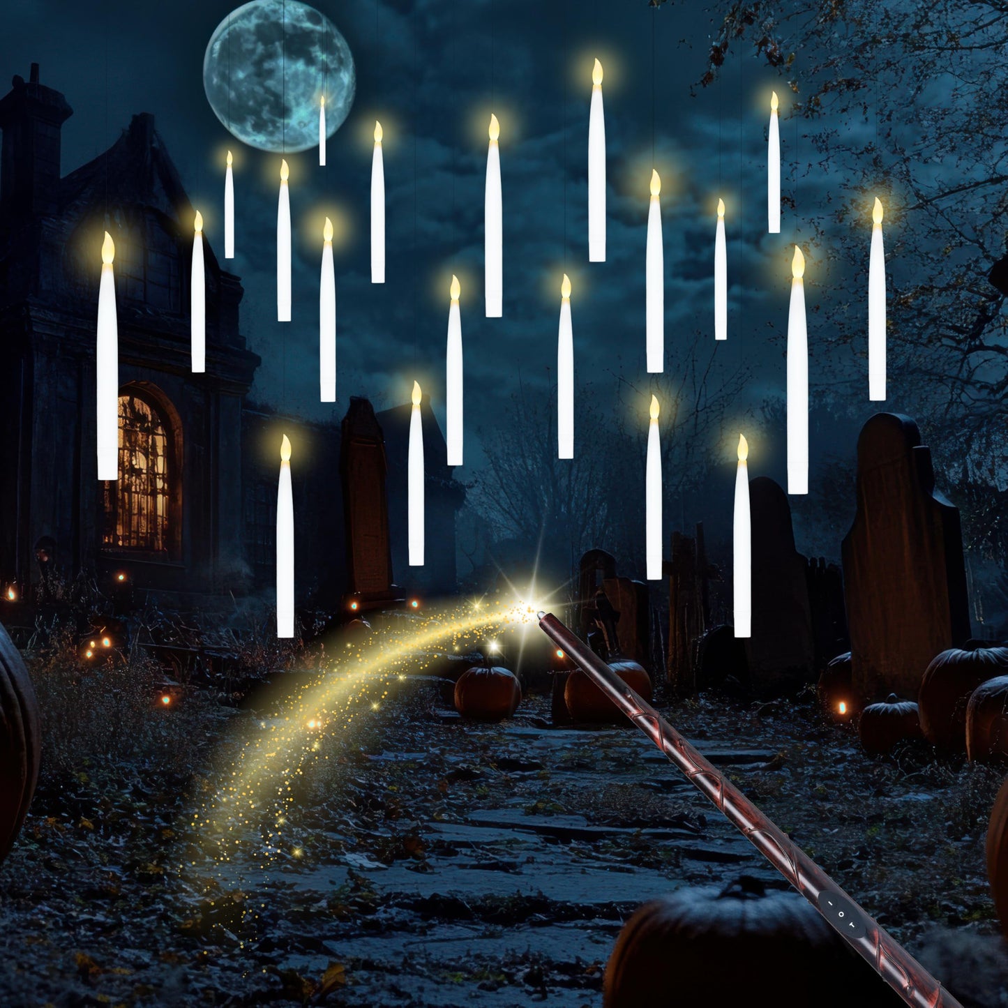 JOYIN 20Pcs Halloween Floating Candles with Wand Remote Flickering Warm Light Taper Magic Hanging Candles with 2 Light Mode and Timer Flameless LED Candle for Halloween Window Decorations Party Gift